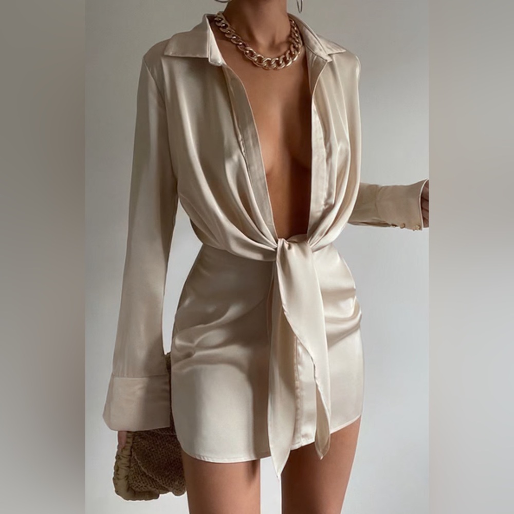 Satin Cream Tie-Front Mini Dress